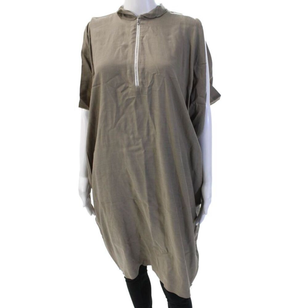 Nino Women Kaftan Shirt Dress Beige Mock Neck Short Sleeve Zip Size 3